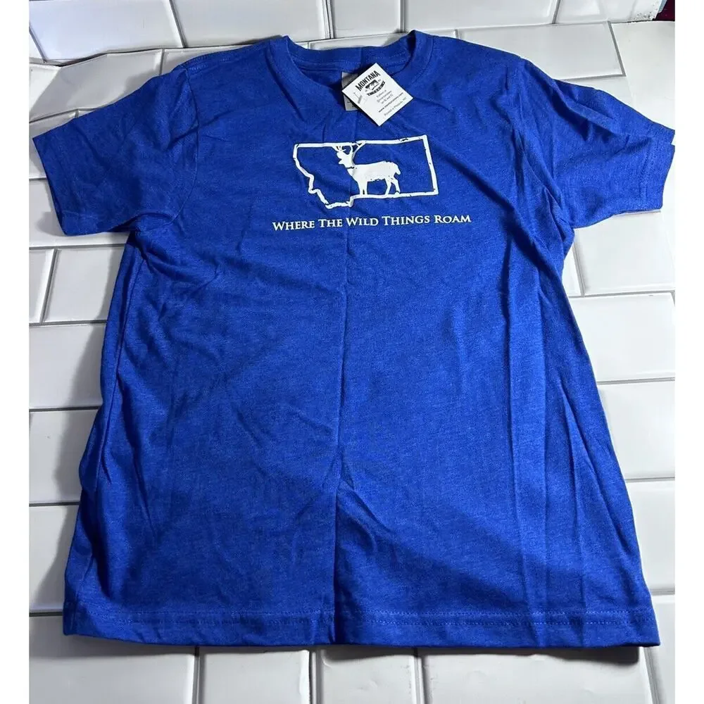 Where The Wild Things Roam Montana Size 8 Blue Childrens Tee Shirt Deer T-shirt
